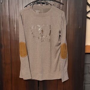 Naked Zebra Gray Long Sleeve Top with Tan Elbow Patches